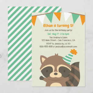 Cute Woodland Raccoon Birthday Party Invitations