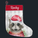 Cute Woodland Raccoon in Santa Hat Small Christmas Stocking<br><div class="desc">An adorable watercolor illustration of a woodland raccoon in Santa hat and warm sweater highlights this whimsical Christmas stocking. A pastel grey-beige harlequin pattern forms the background of the design. Personalize this stocking with your name or other desired text. This item is available in small and large sizes.</div>
