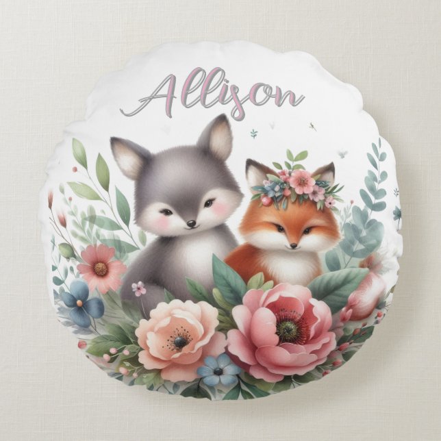 Cute Woodland Silver et Red Fox Round Coussin (Devant)