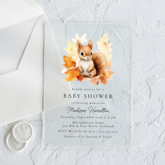 Cute Woodland Squirrel Fall Baby Shower Acrylic Invitations (Creator Uploaded)