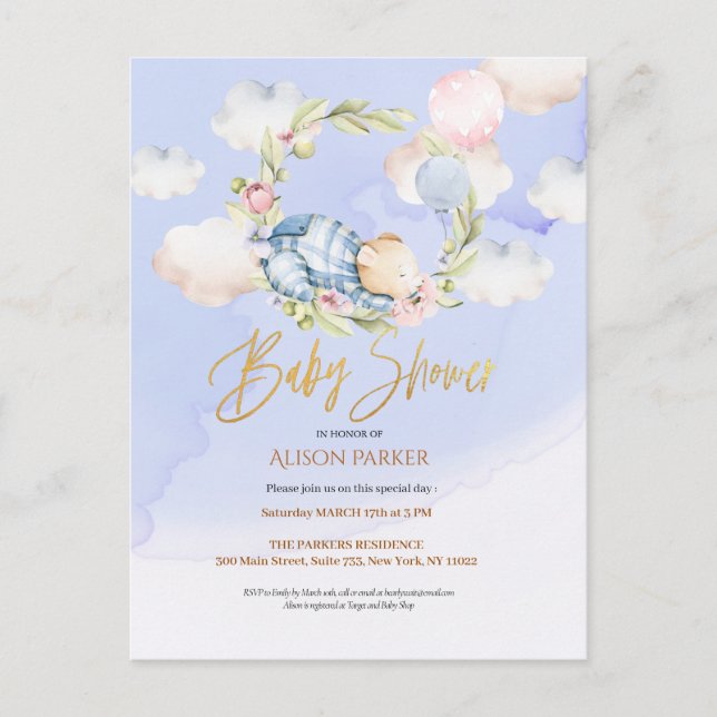 Cute Woodland Teddy Bear Boy Baby Shower Invitatio Postcard (Front)