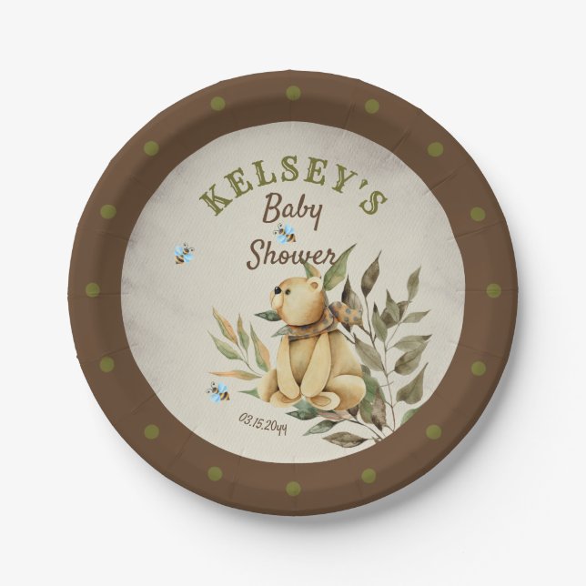 Cute Woodland Teddy Bear Boy Baby Shower Paper Plate (Front)