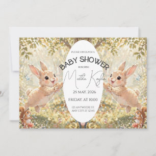 Cute Woodland Twin Bunnies Baby Shower Invitation