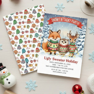 Cute Woodland Ugly Sweater Holiday Watercolor Invitation