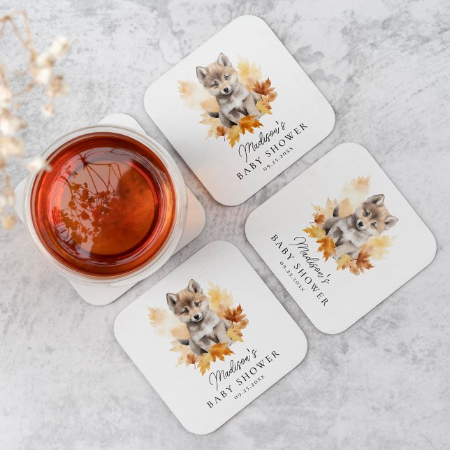 Cute Woodland Wolf Fall Baby Shower Square Paper Coaster (Creator Uploaded)