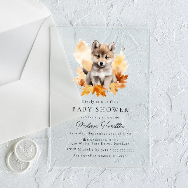 Cute Woodland Wolf Pup Fall Baby Shower Acrylic Invitations (Creator Uploaded)