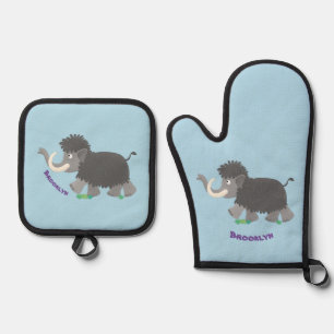 Cute woolly mammoth cartoon illustration oven mitt & pot holder set
