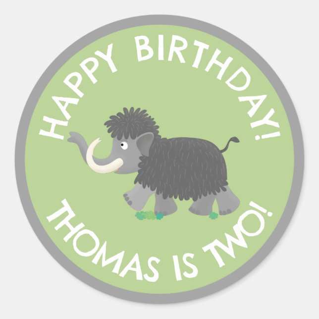 Cute woolly mammoth personalized cartoon birthday classic round sticker (Front)