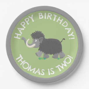 Cute woolly mammoth personalized cartoon birthday paper plate