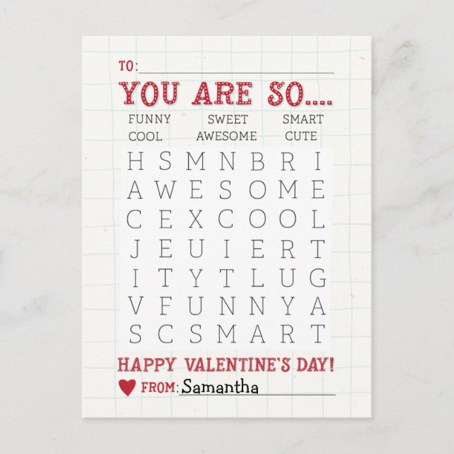 Cute Word Search Valentine's Day Postcard Size (Front)