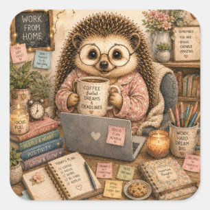 Cute Work From Home Hedgehog Watercolor Square Sticker