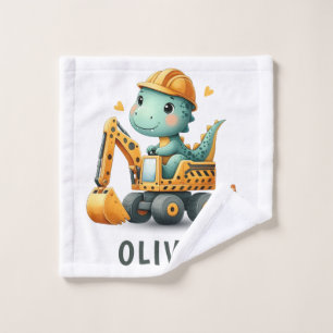 Cute Worker Dinosaur on an Excavator Wash Cloth