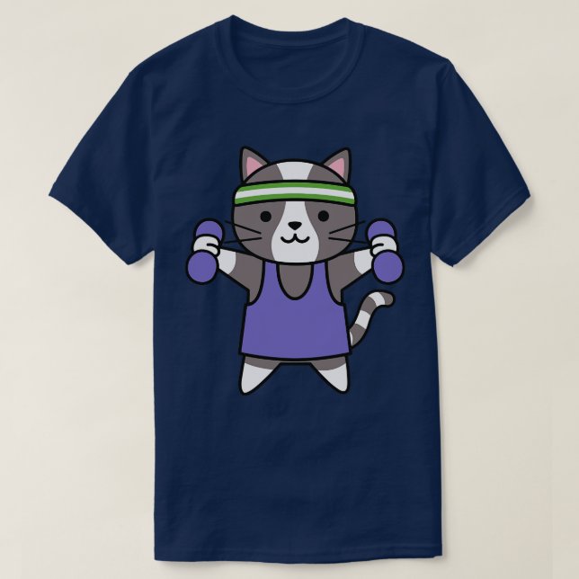 Cute Workout Cat with Weights and Head T-Shirt (Design Front)