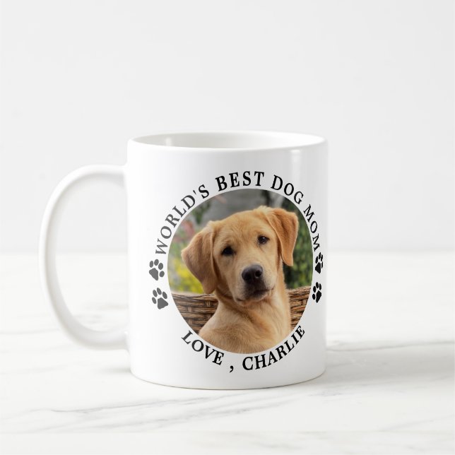 Cute World's Best Dog Mom Paw Prints Pet Photo Coffee Mug (Left)