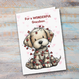 Cute Wrapped in Hearts Pup Grandson Valentine Card