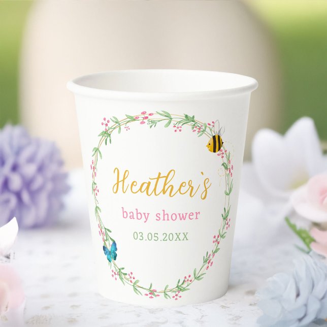 Cute Wreath, Bee & Butterfly Baby Shower Paper Cups (Cute Wreath, Bee & Butterfly Baby Shower Paper Cups with your name and date.)