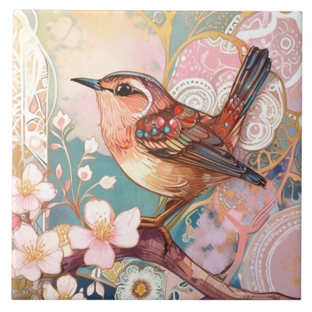 Cute Wren Bird Art Nouveau Deco Inspo Floral Tile (Front)
