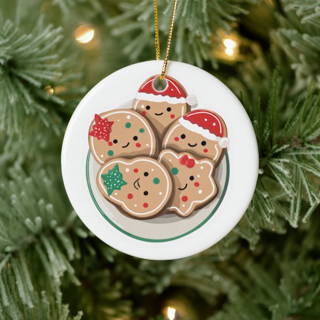 Cute Xmas Cookies on Plate – Smiling Holiday Ceramic Ornament (Tree)