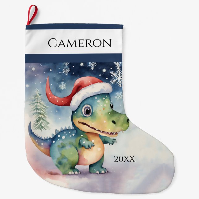 Cute Xmas Dinosaur Large Christmas Stocking (Front)