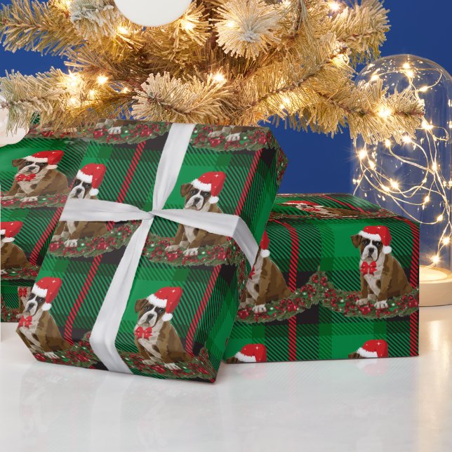 Cute Xmas Dog Hat Green Plaid Wrapping Paper  (Holidays)