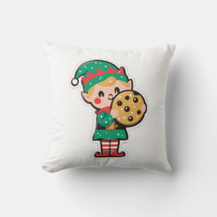Cute Xmas Elf with Big Cookie Throw Pillow