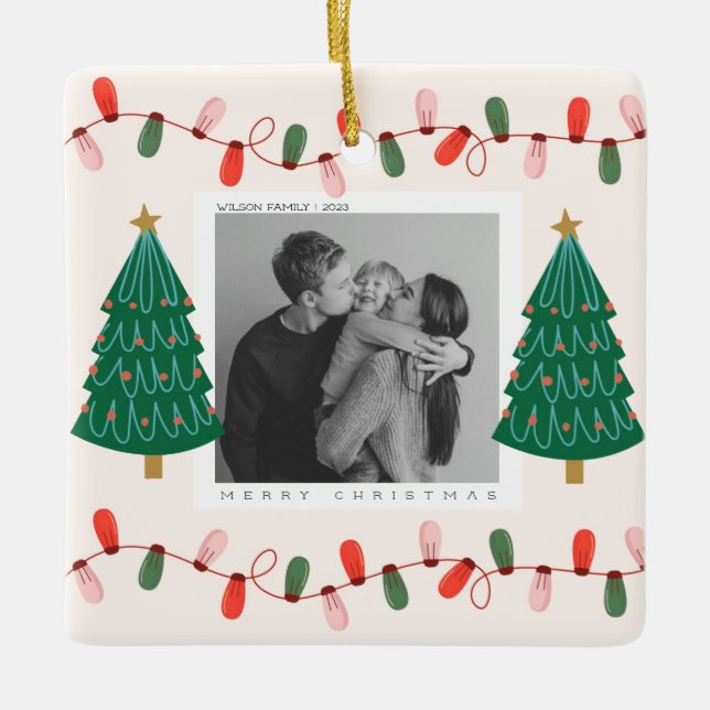 Cute Xmas Family Photo christmas holiday postcard Ceramic Ornament (Front)