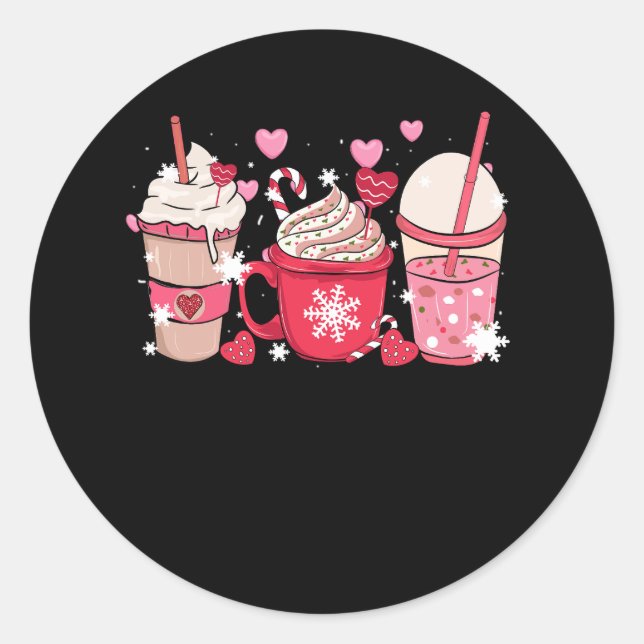 Cute Xmas Pink Coffee And Cream Cups Latte Merry C Classic Round Sticker (Front)