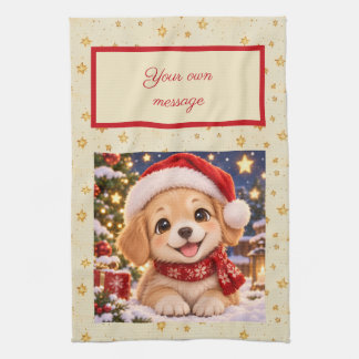 Cute Xmas Puppy, Own Message Christmas Kitchen Towel