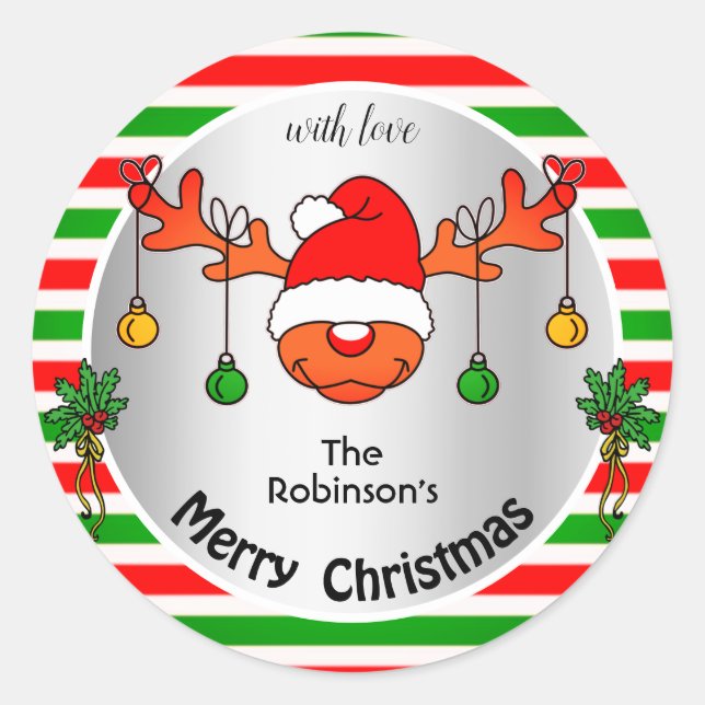 Cute Xmas Reindeer Red and Green Stripes Humour Classic Round Sticker (Front)