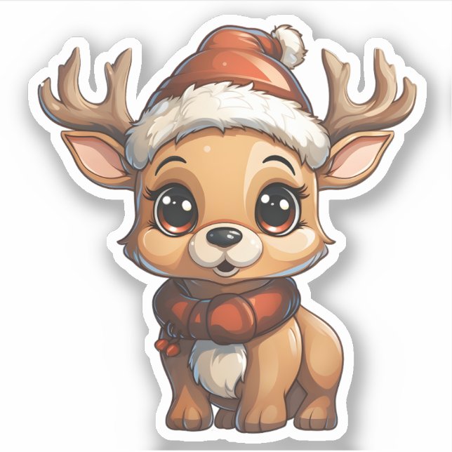Cute Xmas Reindeer Wearing Santa Hat And Scarf (Front)