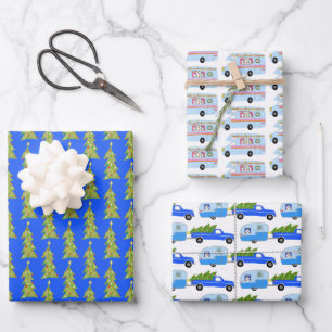 Cute Xmas RV Camper Trees Trailers Holiday Blue Wrapping Paper Sheet