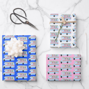 Cute Xmas RV Camper Van Trees Holiday Blue Pink Wrapping Paper Sheet