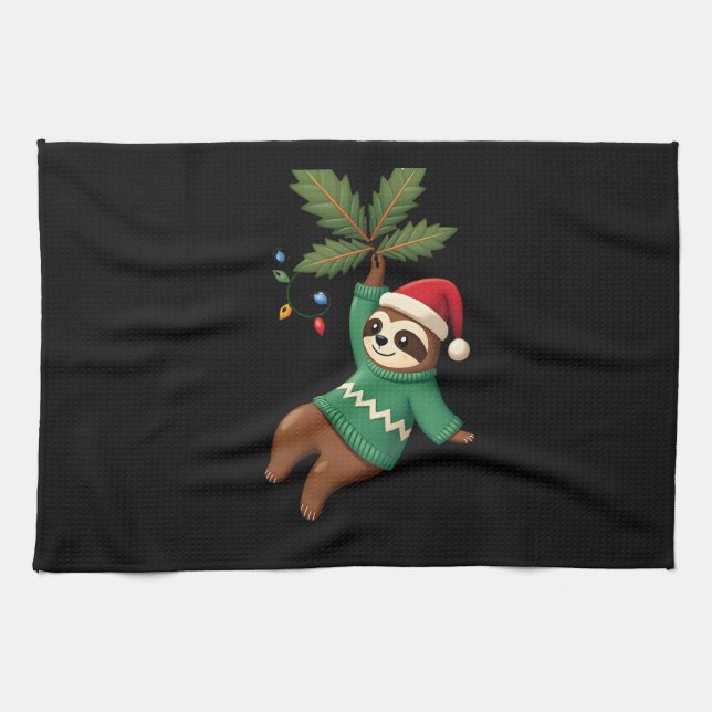 Cute Xmas Sloth Santa Hat Christmas Sloth - Tree L Kitchen Towel (Horizontal)