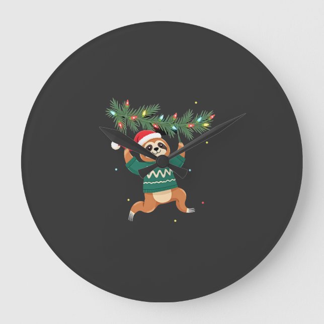 Cute Xmas Sloth Santa Hat Christmas Sloth - Tree L Large Clock (Front)