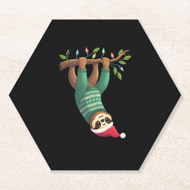Cute Xmas Sloth Santa Hat Christmas Sloth - Tree L Paper Coaster (Front)