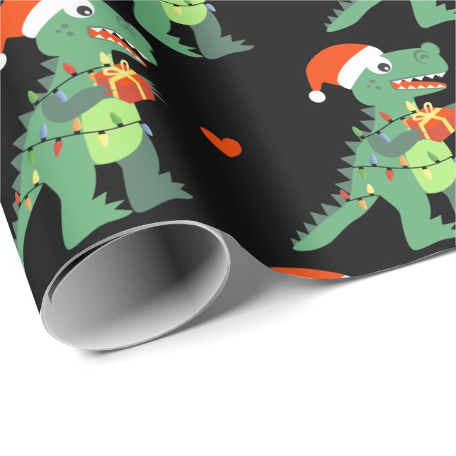 Cute Xmas T-Rex Santa Wrapping Paper (Roll Corner)