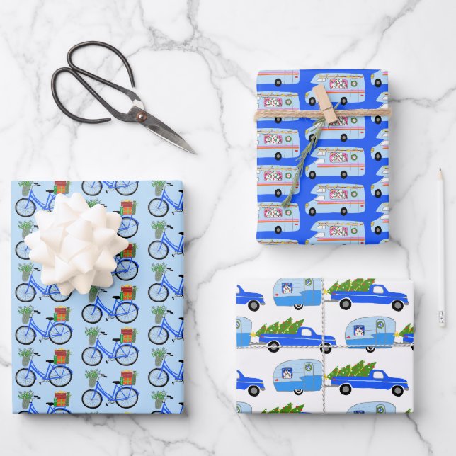 Cute Xmas Trailers RV Bikes Colourful Holiday Blue Wrapping Paper Sheet (Front)