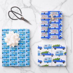 Cute Xmas Trailers RV Camper Colorful Holiday Blue Wrapping Paper Sheet