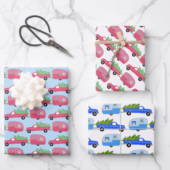 Cute Xmas Trailers RVs Camping Road Trip Holiday Wrapping Paper Sheet (Front)