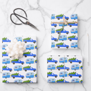 Cute Xmas Trailers RVs Trucks Blue Christmas Wrapping Paper Sheet