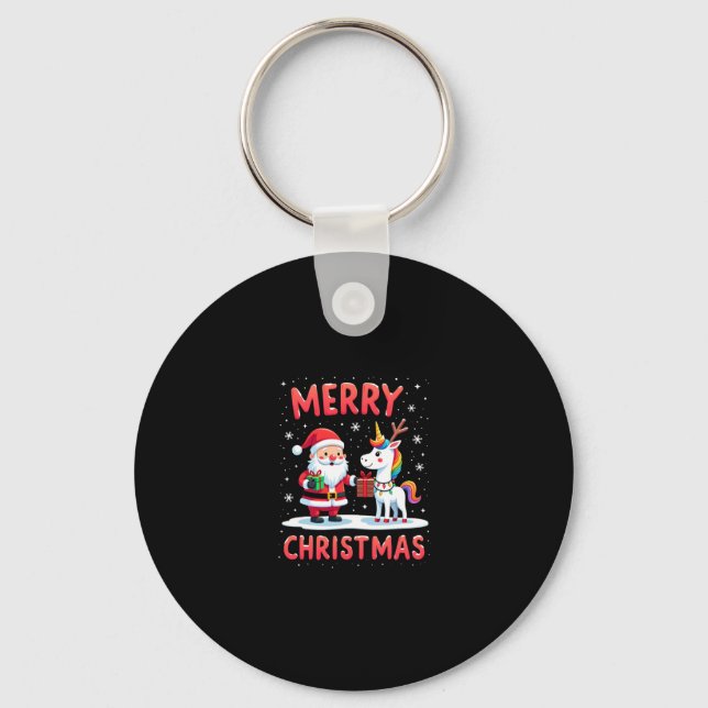 Cute Xmas Unicorn Santa on Unicorn Christmas T-Shi Keychain (Front)
