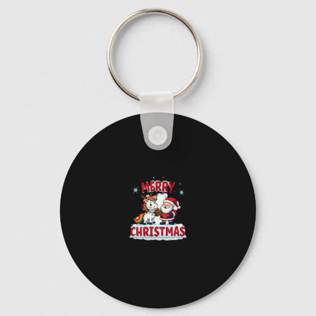 Cute Xmas Unicorn Santa on Unicorn Christmas T-Shi Keychain (Front)