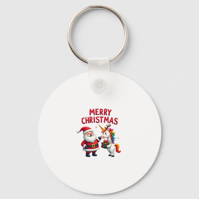 Cute Xmas Unicorn Santa on Unicorn Christmas T-Shi Keychain (Front)
