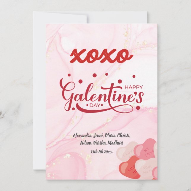 Cute XOXO Pink Marble Glitter Galentine's Day Invitation (Front)