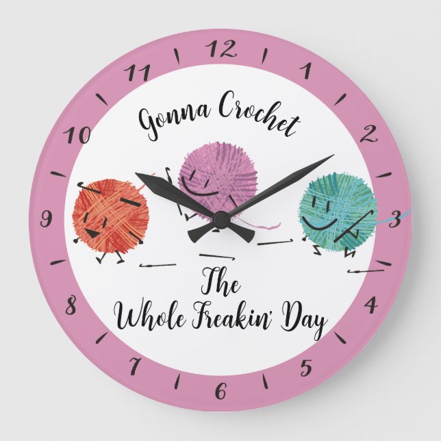 Cute yarn characters crochet hooks personalized large clock (Front)