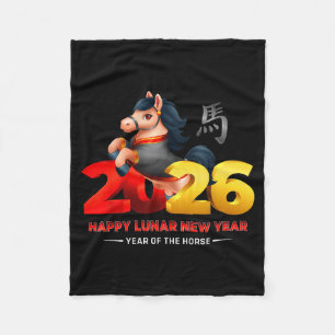Cute Year Of The Horse -black Fun Happy Lunar New  Fleece Blanket