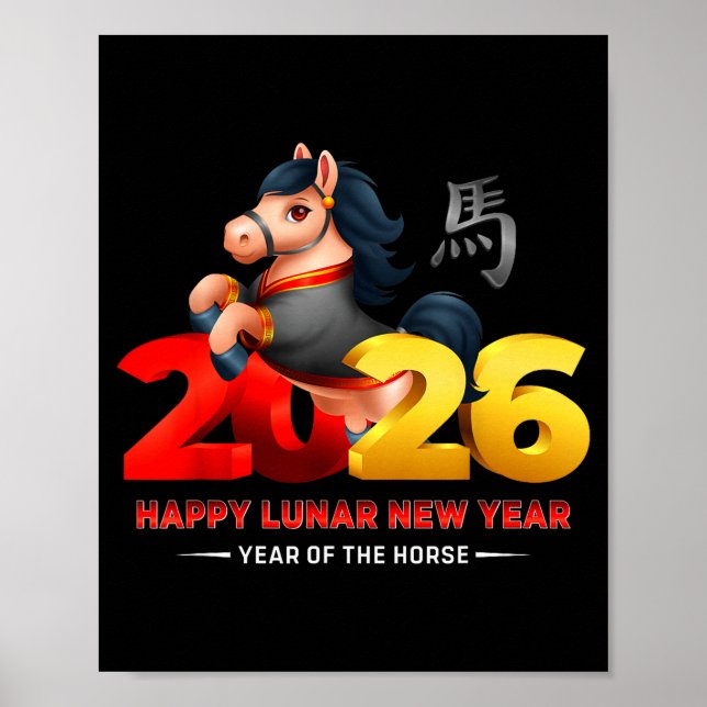 Cute Year Of The Horse -black Fun Happy Lunar New  Poster (Front)