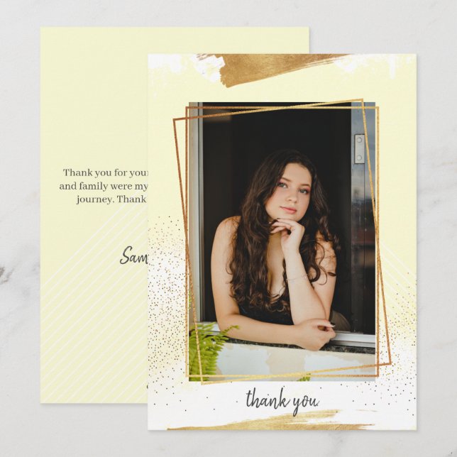 Cute Yello & Gold Framed Graduation Thank You Card (Front/Back)