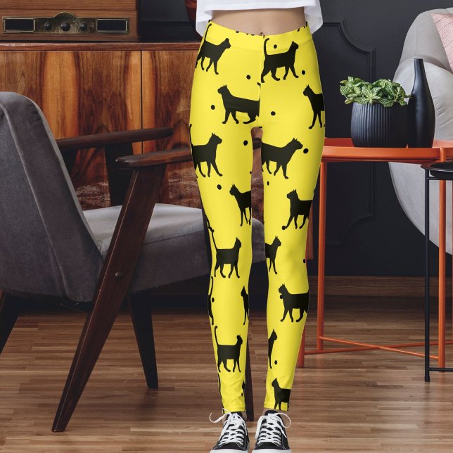 Cute Yellow And black Animal Pet Dots Cat Pattern  Leggings (Creator Uploaded)