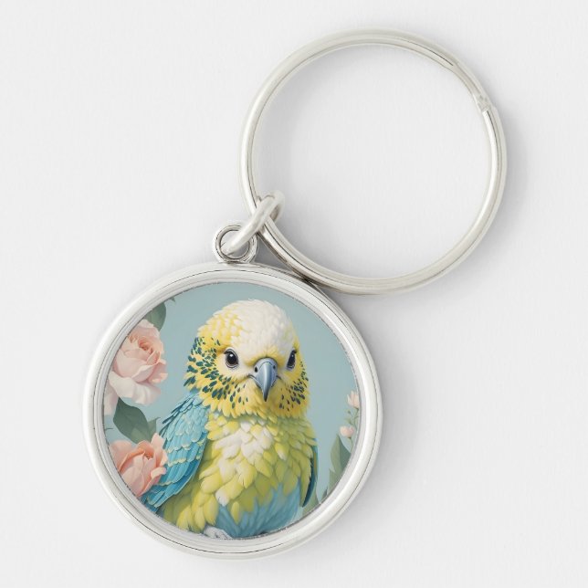 Cute Yellow And Blue Baby Budgie Parakeet Bird Keychain (Front)